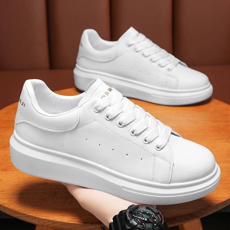 Herren weiße Schuhe Leder atmungsaktiv Casual Plateau Sneakers männliche Schnürschuhe 44 weiß von Joom DACH