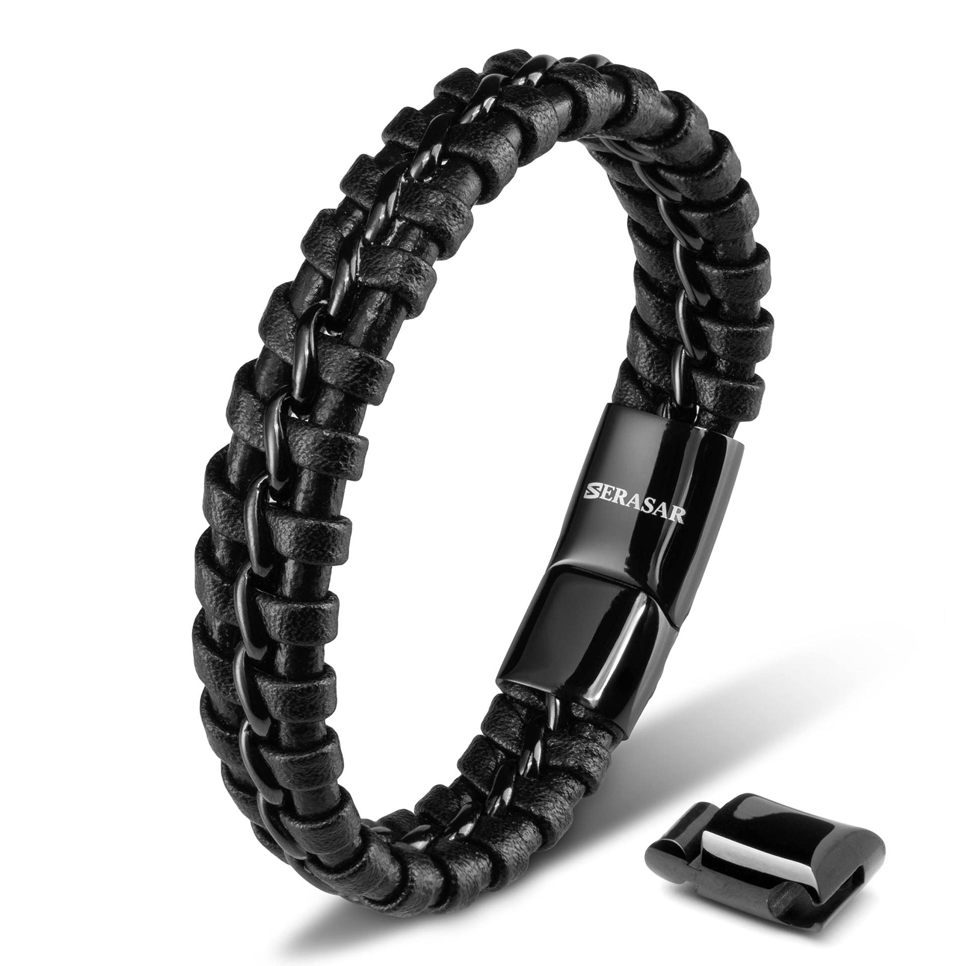 Herrenarmbänder 23cm Schwarzes Armband Herren Rindsleder Geflochtenes Wickel Seil Mann Männer Männlich Junge Jungen Herrenarmbänder Band Schmuck Magnet Zubehör [SERASAR] schwarz von Joom DACH