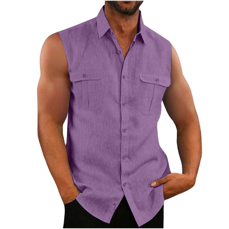 Herrenhemd, Doppeltasche, Baumwollleinen, ärmelloses Hemd, bequemes und atmungsaktives Herren-Tanktop XXL violett von Joom DACH