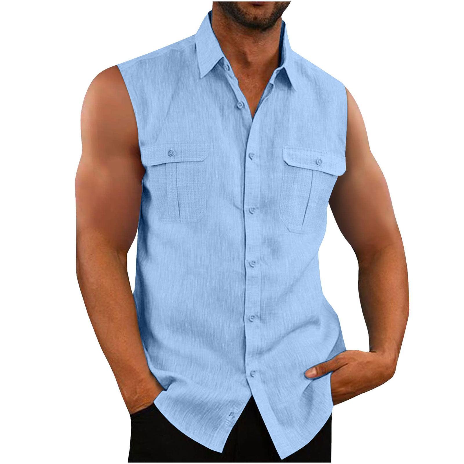Herrenhemd, Doppeltasche, Baumwollleinen, ärmelloses Hemd, bequemes und atmungsaktives Herren-Tanktop XXXL himmelblaue von Joom DACH