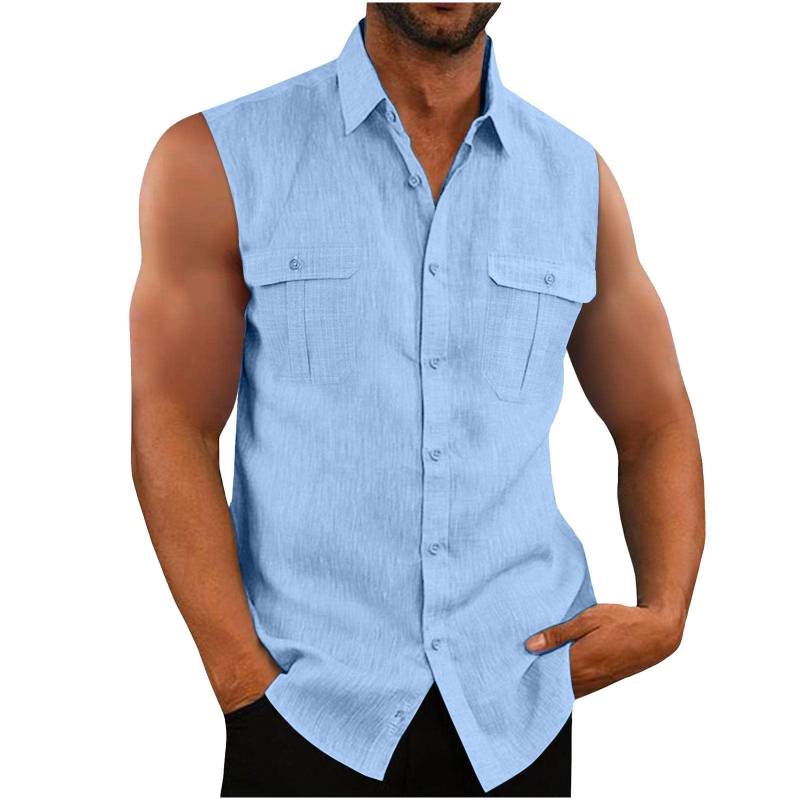 Herrenhemd, Doppeltasche, Baumwollleinen, ärmelloses Hemd, bequemes und atmungsaktives Herren-Tanktop XXXL himmelblaue von Joom DACH