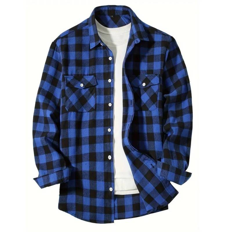 Herrenhemden Button-Up Klassisch Plaid Smart Casual Flanellhemd Langarm Brust Zwei Taschen Design Frühling Herbst Männer Tops L blau von Joom DACH
