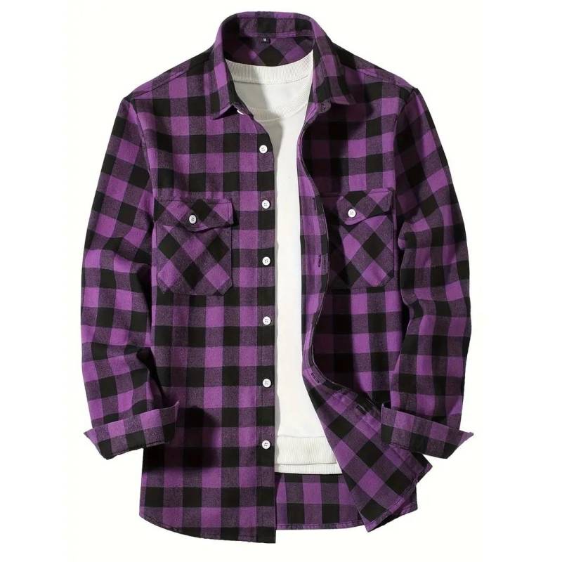 Herrenhemden Button-Up Klassisch Plaid Smart Casual Flanellhemd Langarm Brust Zwei Taschen Design Frühling Herbst Männer Tops XL violett von Joom DACH