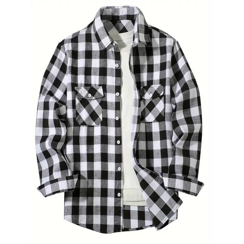 Herrenhemden Button-Up Klassisch Plaid Smart Casual Flanellhemd Langarm Brust Zwei Taschen Design Frühling Herbst Männer Tops XXXL weiß von Joom DACH
