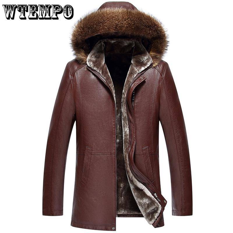 Herrenmantel mit Waschbärpelzkragen und Pelzkragen für mittleres Alter, lange, verdickte Lederjacke für Herren, ein Ledermantel mit Pelzkragen XXXXXL rotbraun von Joom DACH