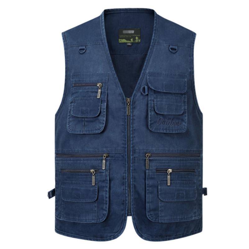 Herrenweste Freizeitjacke Frühling und Herbst Lockerer Stil Baumwolle Mehrere Taschen Reißverschluss Winddichte Jacke Kragenlose Ärmellose Jacke für Herren Größe L-10XL 7XL blau von Joom DACH