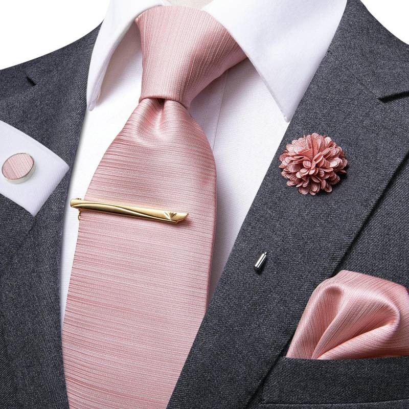 Hi-Tie Herren-Krawattenset aus Seide, gestreift, braun, Brosche, Anstecknadel, Krawatte, Einstecktuch, Manschettenknöpfe, Krawattenklammer fürs Business N-3247 rosa von Joom DACH