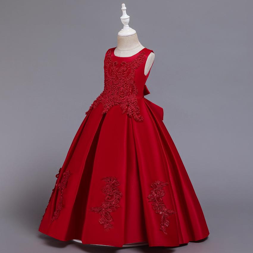High-End-Mädchen-Langkleid, Spitzen-Nagel- und Perlenkleid, Bankett-Prinzessinnenkleid, Host-Kleid 120cm rot von Joom DACH