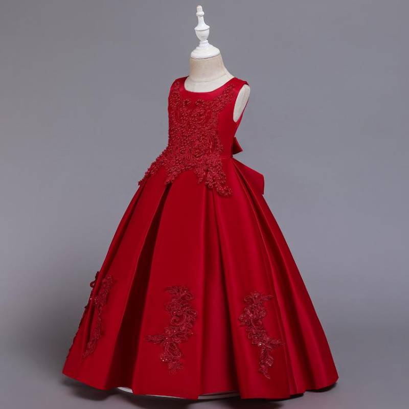 High-End-Mädchen-Langkleid, Spitzen-Nagel- und Perlenkleid, Bankett-Prinzessinnenkleid, Host-Kleid 140cm rot von Joom DACH