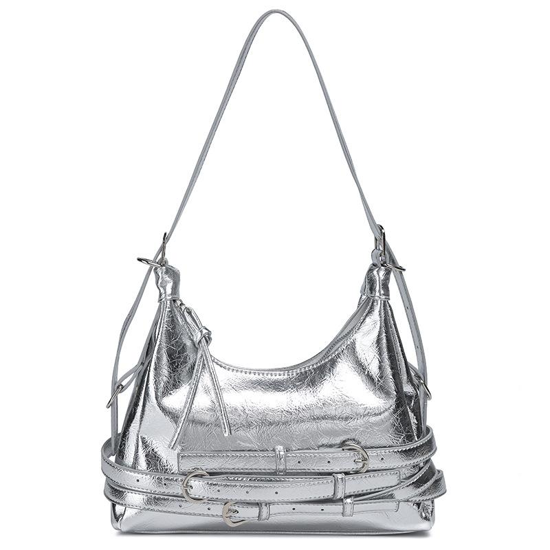 High-End Textur Retro Rot Weiches Leder Pendler Tasche, Damen Hot Girl Stil Motorrad Achseltasche, Einzelne Schultertasche silber von Joom DACH