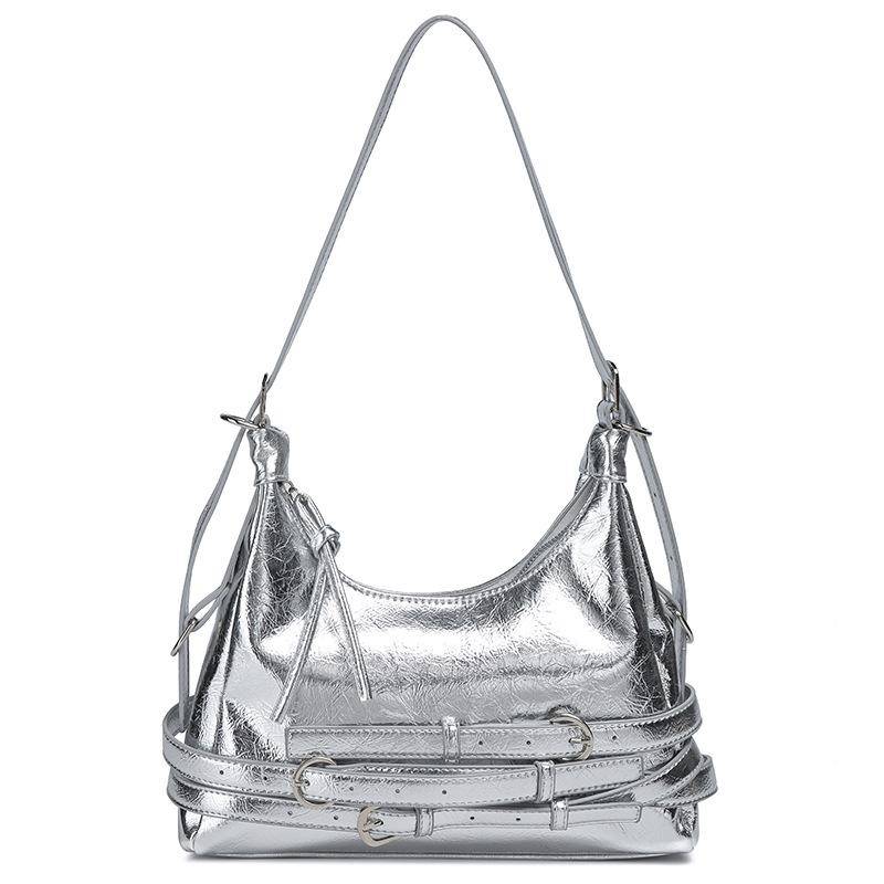 High-End Textur Retro Rot Weiches Leder Pendler Tasche, Damen Hot Girl Stil Motorrad Achseltasche, Einzelne Schultertasche silber von Joom DACH