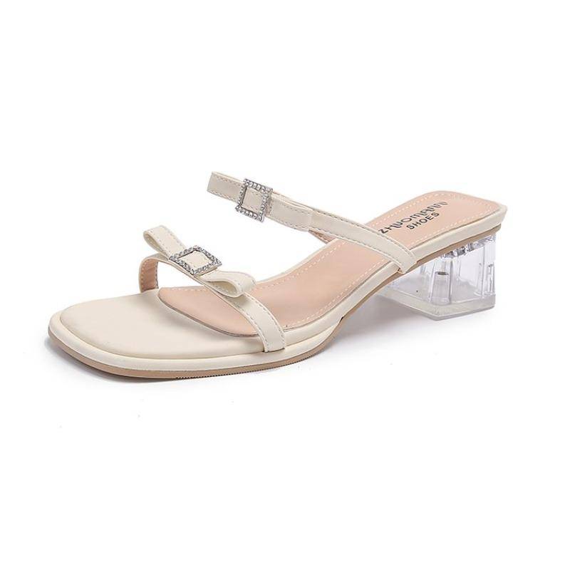High Heels Damen Oberbekleidung Sommer Neu Vielseitig Nische Französische Mode Schleife Dicke Ferse Pantoletten Sandalen 40 beige von Joom DACH
