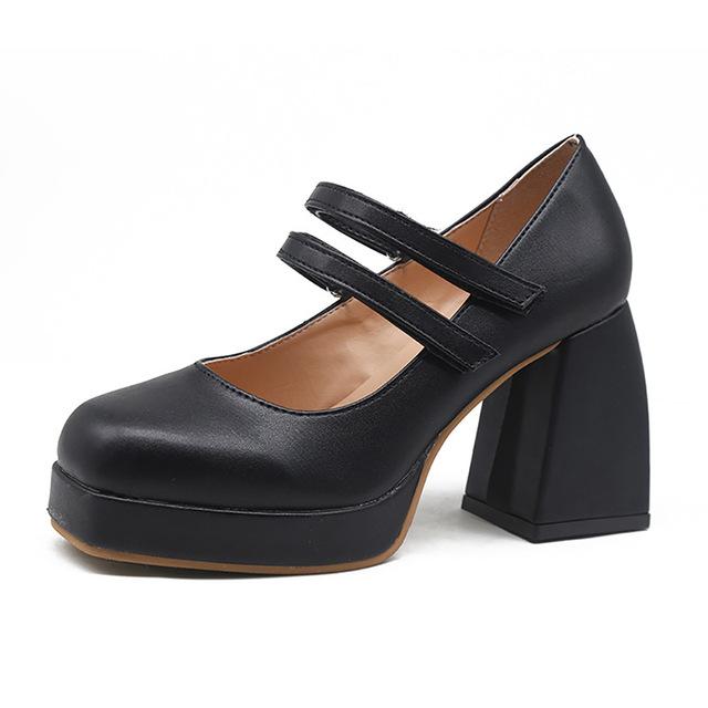 High Heels Damen Pumps Trendy Retro Dicker Absatz Quadratischer Kopf Mary Jane Elegante Lolita Schwarz Beige Street Damenschuhe 37 schwarz von Joom DACH