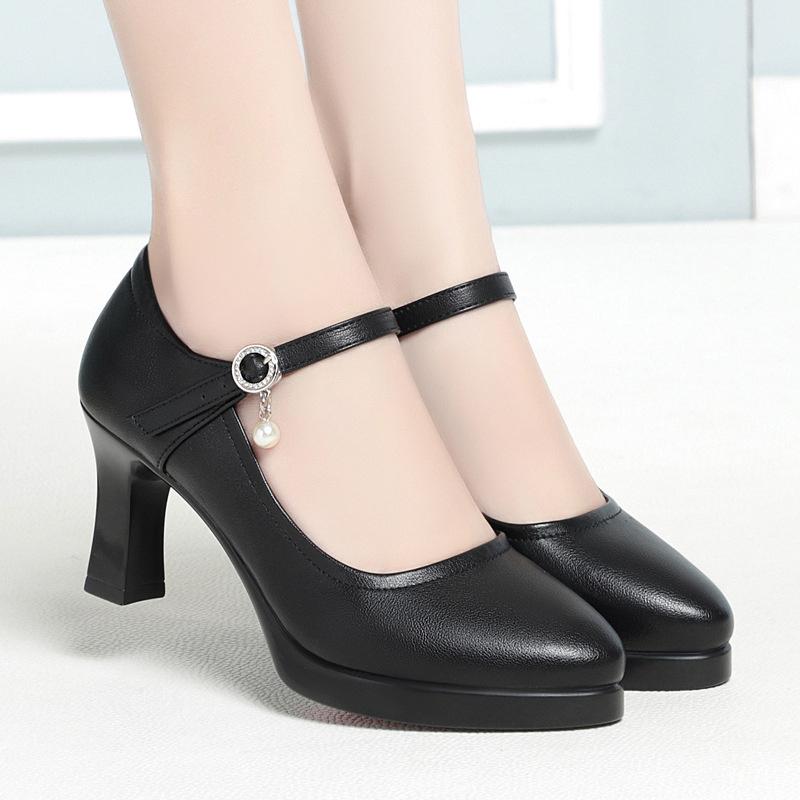 High Heels Komfort Plateau Pumps Frühling Neue Mode Schnalle Einfarbig Schwarz Schuhe Frau Weiches Leder Wasserdicht Einzelne Schuhe 37 von Joom DACH
