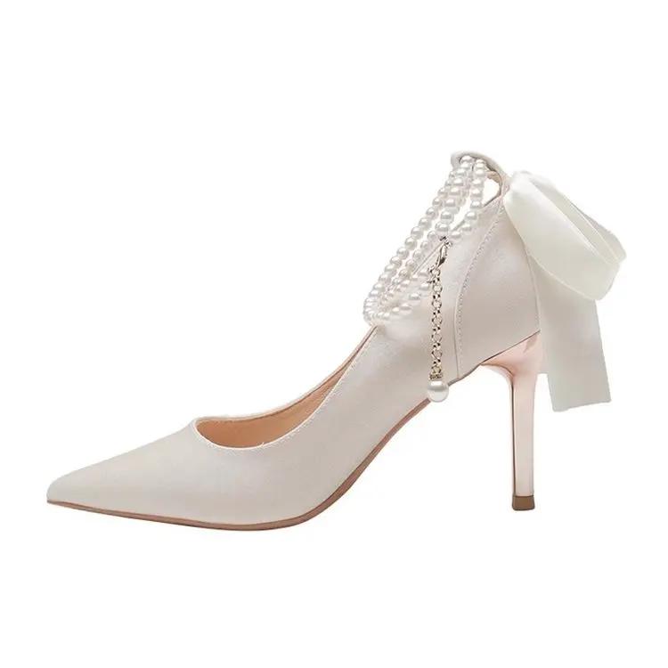 High Heels Neue Frauen Temperament 7/9cm Dünne Ferse Einzelnen Schuhe Fliege Knöchel Perle Schnalle Hochzeit Braut Pumps Heels Frauen 35 von Joom DACH
