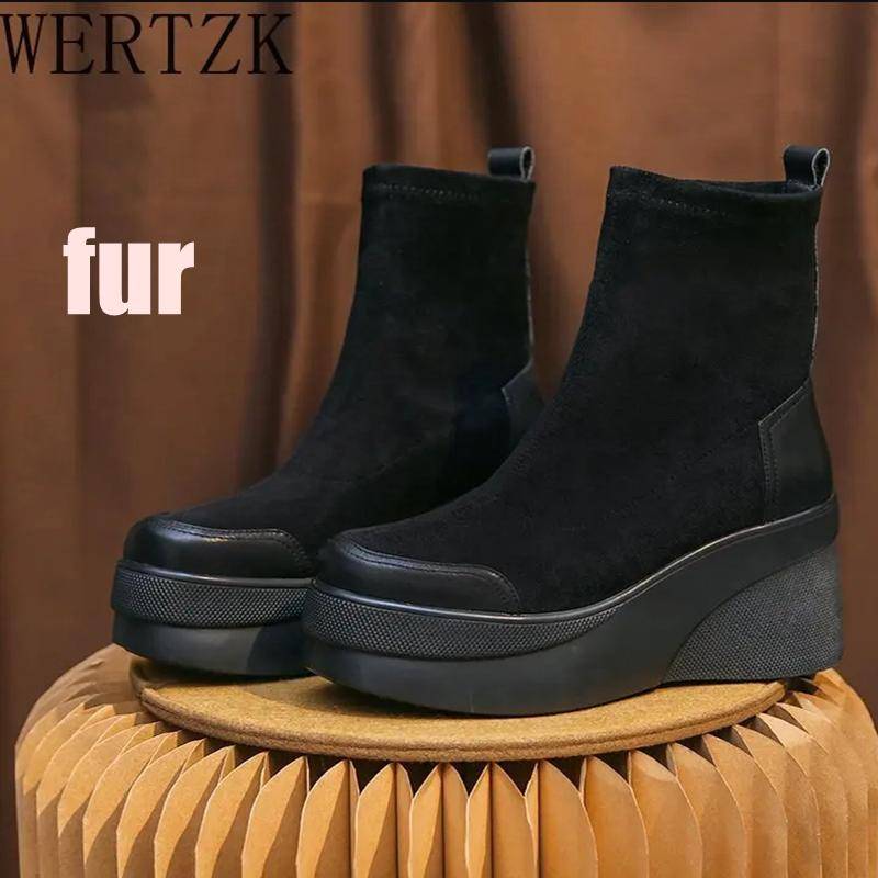 High Heels Stiefel Runde Zehen Damen Stiefeletten Plateau Wedges Damen Kniehohe Stiefel Klassische elastische Stiefel 38 warme schwarz von Joom DACH