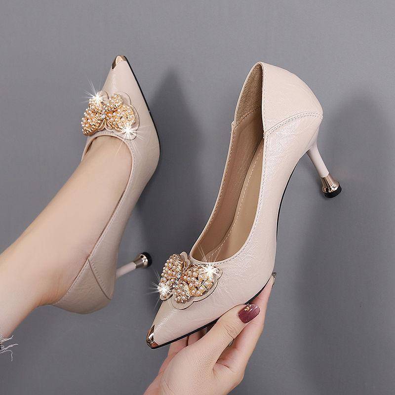 High Heels aus Mikrofaser-Leder für Damen, dünne, runde Absätze, Anti-Kick-Schmetterlings-Einzelschuhe für Damen, Feen-High-Heels 37 beige von Joom DACH