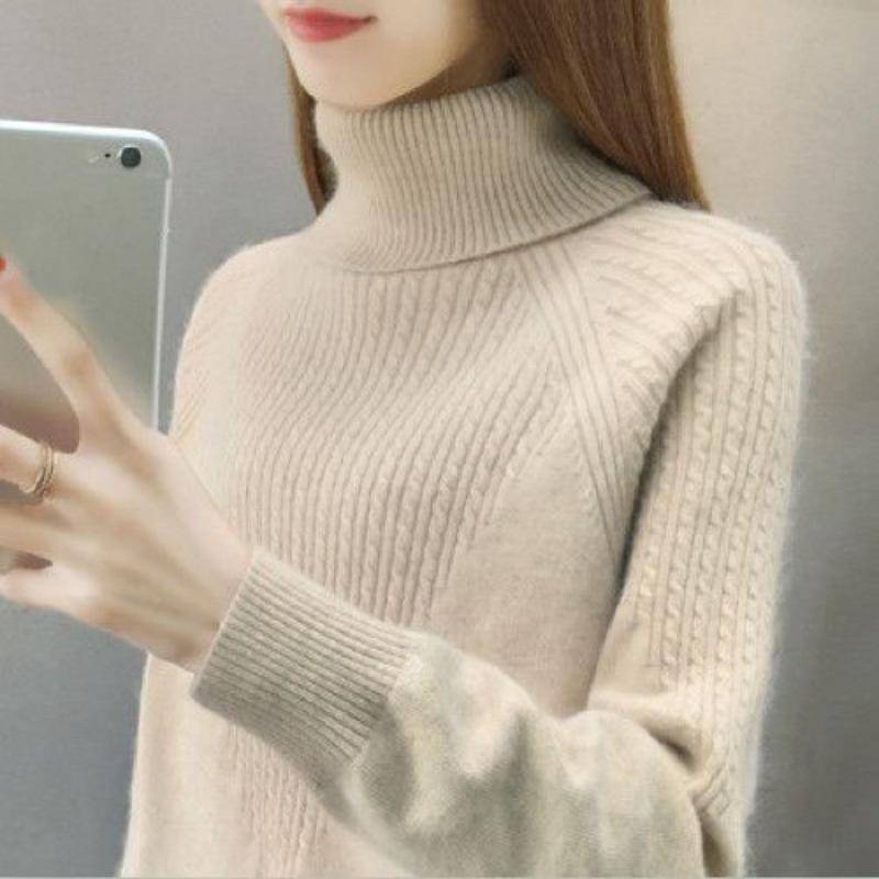 High Neck Pullover Pullover Frauen 2023 Lose Herbst/Winter Frauen Unterlage Langarm Solide Strick Pullover Pullover Weibliche One Size beige von Joom DACH