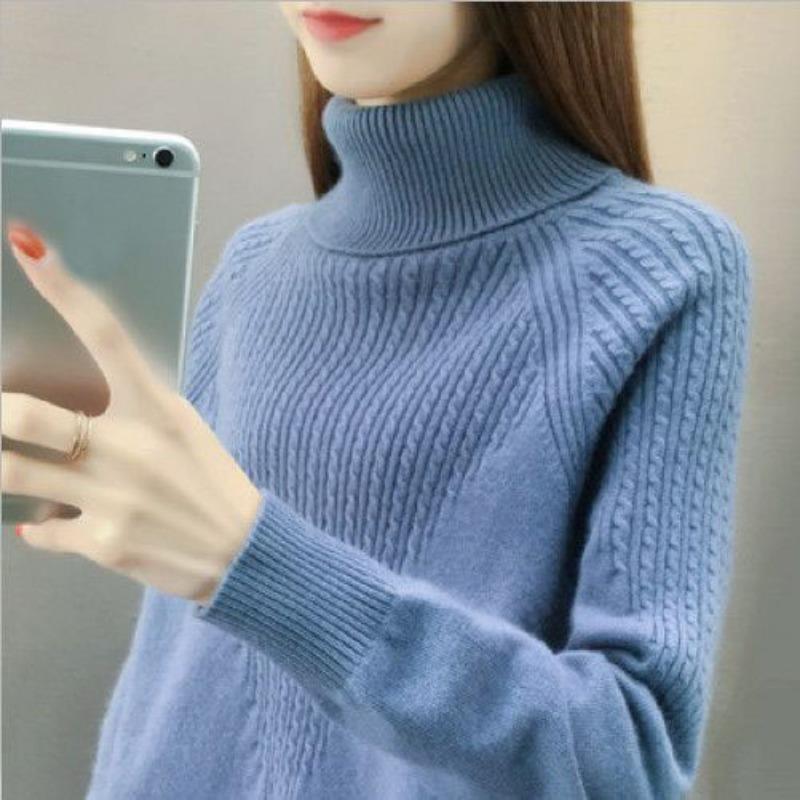 High Neck Pullover Pullover Frauen 2023 Lose Herbst/Winter Frauen Unterlage Langarm Solide Strick Pullover Pullover Weibliche One Size blau von Joom DACH