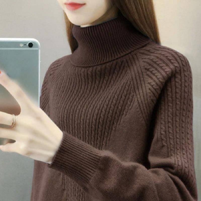 High Neck Pullover Pullover Frauen 2023 Lose Herbst/Winter Frauen Unterlage Langarm Solide Strick Pullover Pullover Weibliche One Size dunkelbraune von Joom DACH