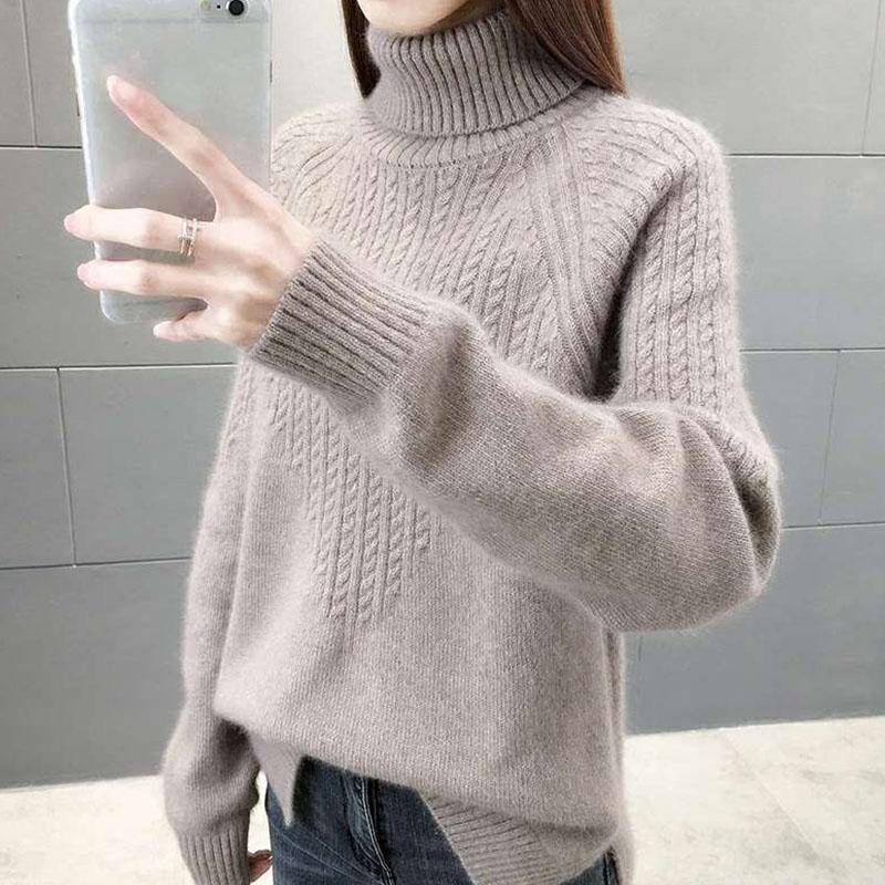 High Neck Pullover Pullover Frauen 2023 Lose Herbst/Winter Frauen Unterlage Langarm Solide Strick Pullover Pullover Weibliche One Size khaki von Joom DACH