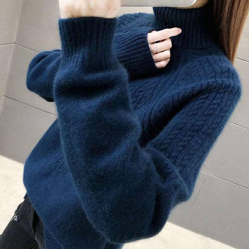 High Neck Pullover Pullover Frauen 2023 Lose Herbst/Winter Frauen Unterlage Langarm Solide Strick Pullover Pullover Weibliche One Size navy blau von Joom DACH