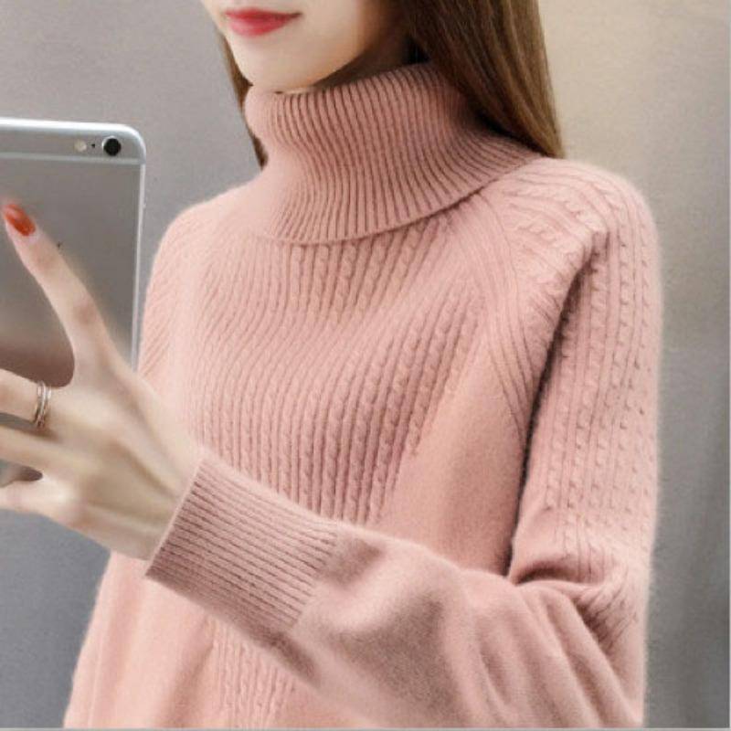 High Neck Pullover Pullover Frauen 2023 Lose Herbst/Winter Frauen Unterlage Langarm Solide Strick Pullover Pullover Weibliche One Size rosa von Joom DACH