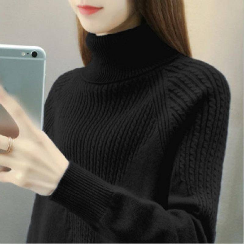 High Neck Pullover Pullover Frauen 2023 Lose Herbst/Winter Frauen Unterlage Langarm Solide Strick Pullover Pullover Weibliche One Size schwarz von Joom DACH