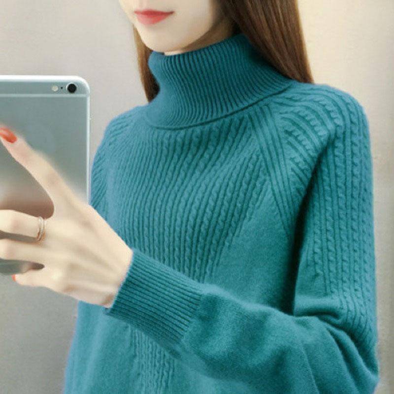 High Neck Pullover Pullover Frauen 2023 Lose Herbst/Winter Frauen Unterlage Langarm Solide Strick Pullover Pullover Weibliche One Size see-blaue von Joom DACH