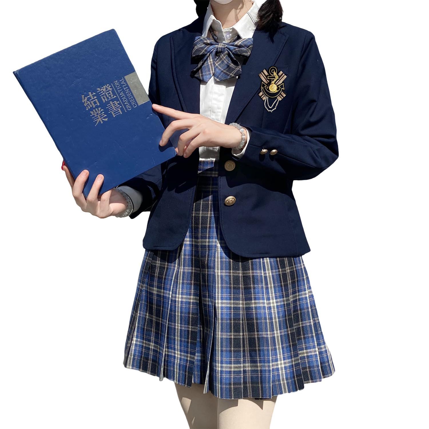 High School Uniform Blazer JK Uniform Cosplay Kostüm Set Schleife Hemd Faltenrock Karomuster Set Schule Pendeln Mori Girl Schulfest Marineblau S von Joom DACH