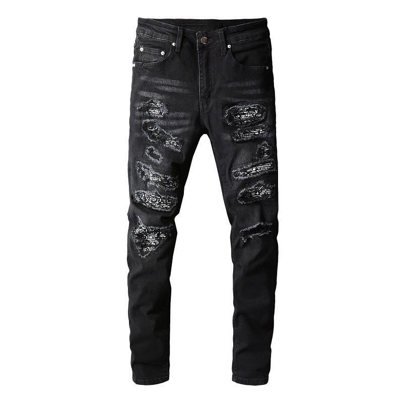 High Street Schwarze High Street Jeans für Herren, getragene Patch-Wadenhose, zerrissene Jeans für Herren, Mode 38 schwarz von Joom DACH