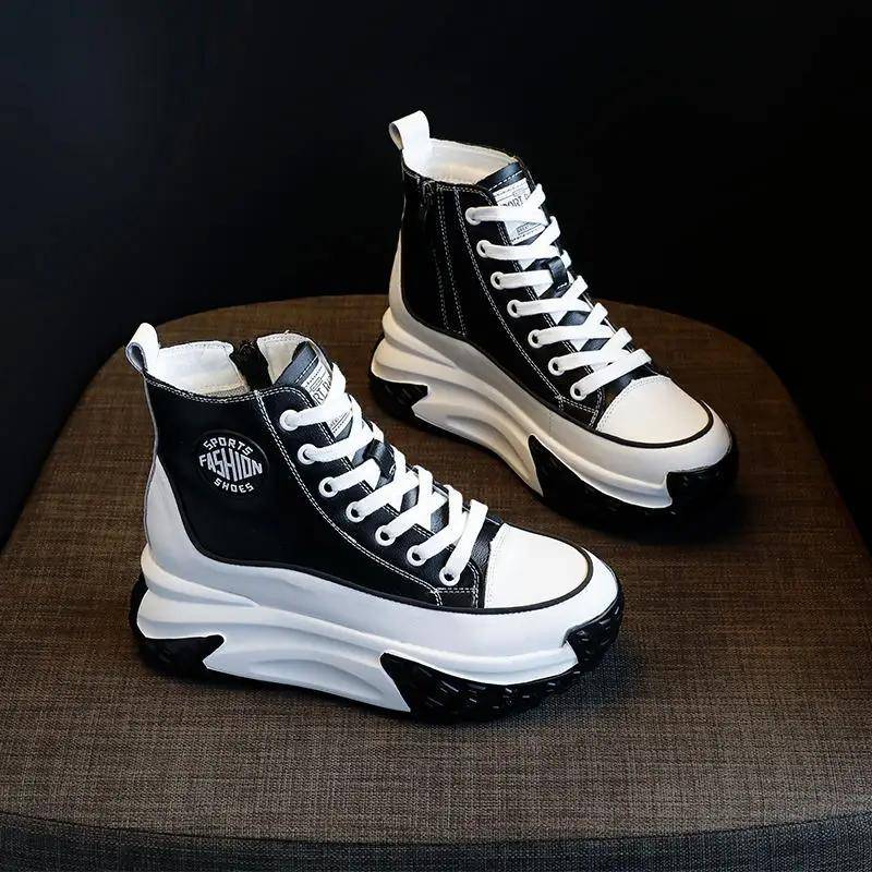 High Top Damen Schuhe Echtes Leder 7cm Plateau Stiefel Keilabsatz Versteckter Absatz Reißverschluss Frühling Herbst Warmes Fell Winterschuh Sneakers Tennis 38 schwarz von Joom DACH