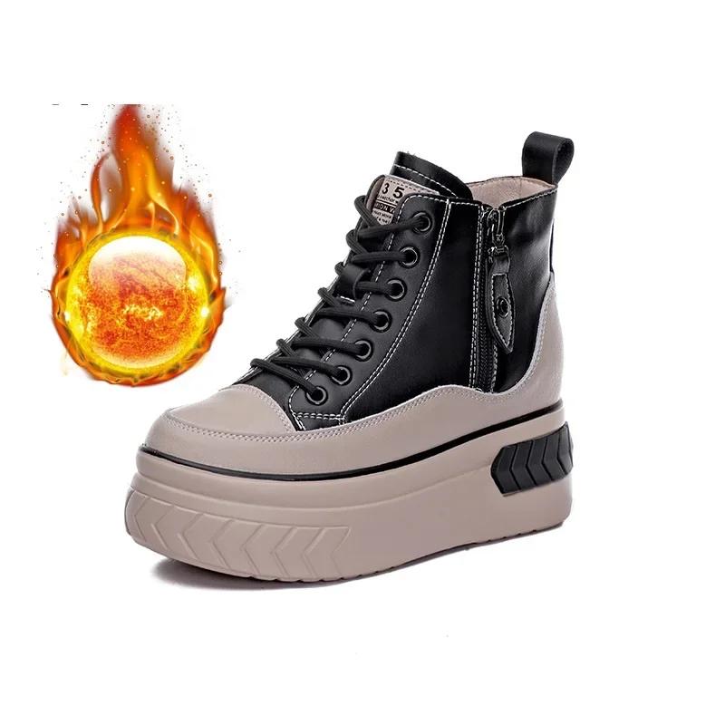 High Top Damen Schuhe Echtes Leder 8cm Plateau Stiefel Keilabsatz Versteckter Absatz Reißverschluss Frühling Herbst Warmes Fell Winterschuhe Sneakers 38 von Joom DACH