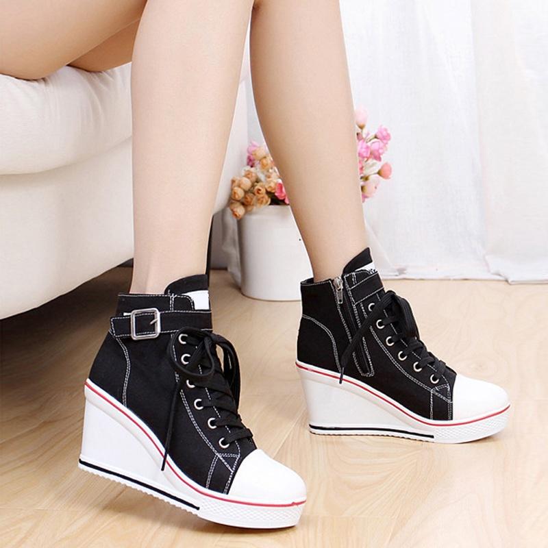 High-Top-Sneaker mit Keilabsatz für Damen, lässige Sport-Outdoor-Sneaker 42 schwarz von Joom DACH