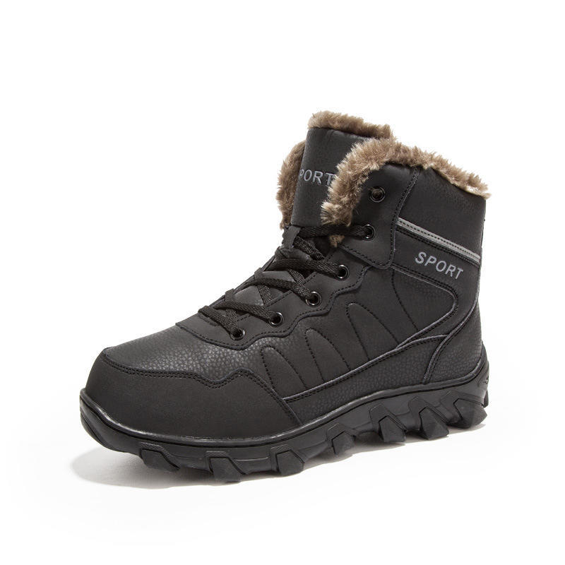 High-Top-Winterstiefel für draußen, warme Schneestiefel in Übergröße, Herren-Wanderschuhe, Leder und Samt, große Thermo-Baumwollstiefel 48 schwarz von Joom DACH