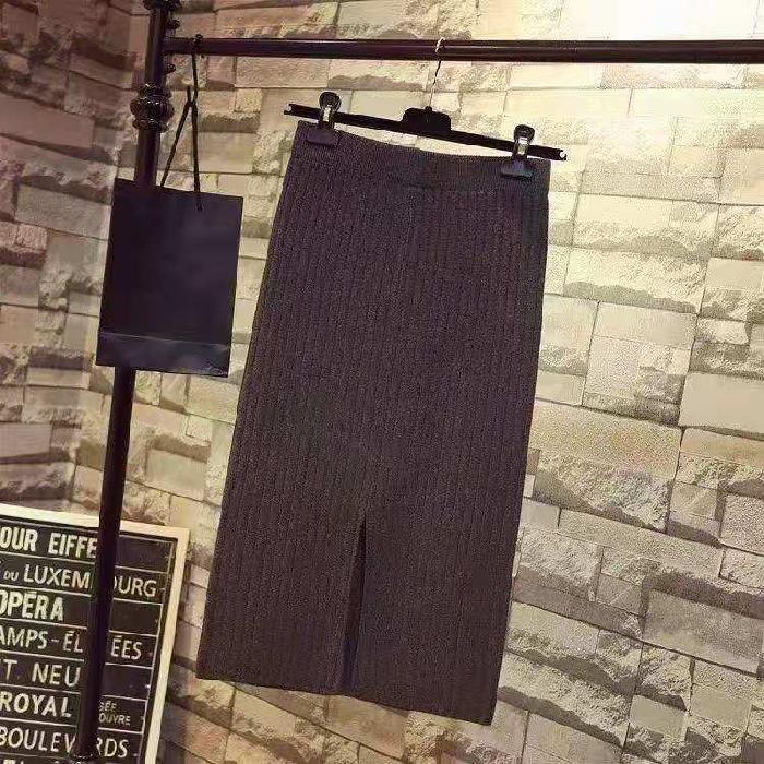 High-Waist Mercerisierte Baumwolle Strickrock - Damen Herbst/Winter Schlitz Midi-Rock One Size kaffeebraun von Joom DACH