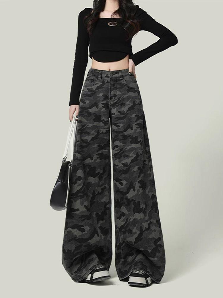 Hochtaillierte Workwear Denim Camouflage Weitbeinige Hose Damen Locker Gerade Große Größen Freizeithose Jeans für Damen Lange Denimhose XS von Joom DACH