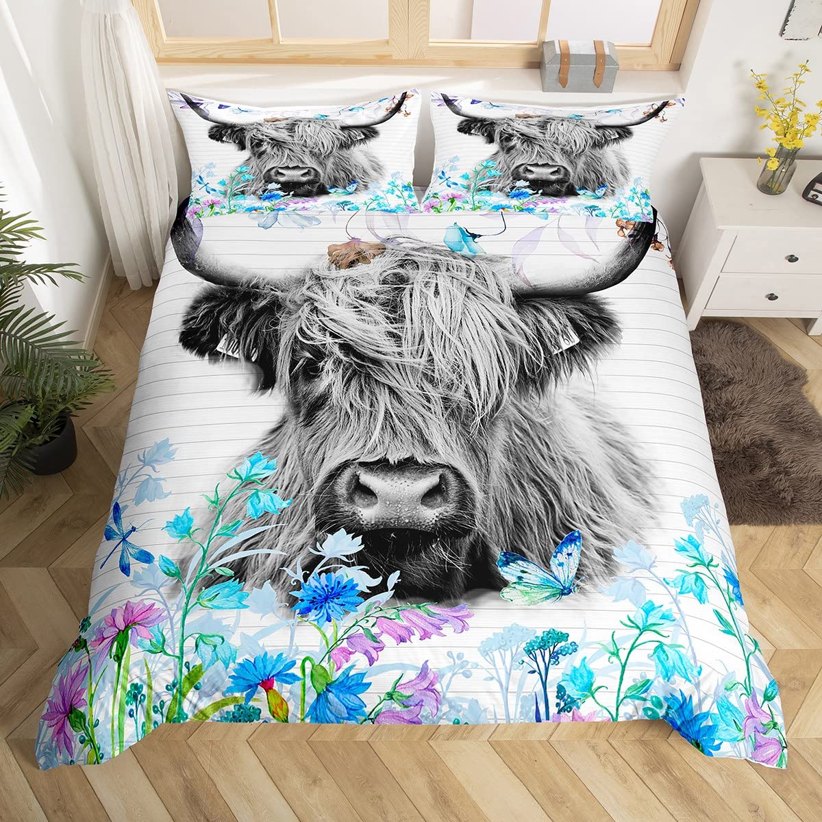Highland Cattle Bettbezug, geometrische Holzplanke, rustikales Bettwäsche-Set, Blumen, Tiere, Bauernhaus, Bettbezug, Kuh-Quilt-Bezug EU single(135x200cm) von Joom DACH