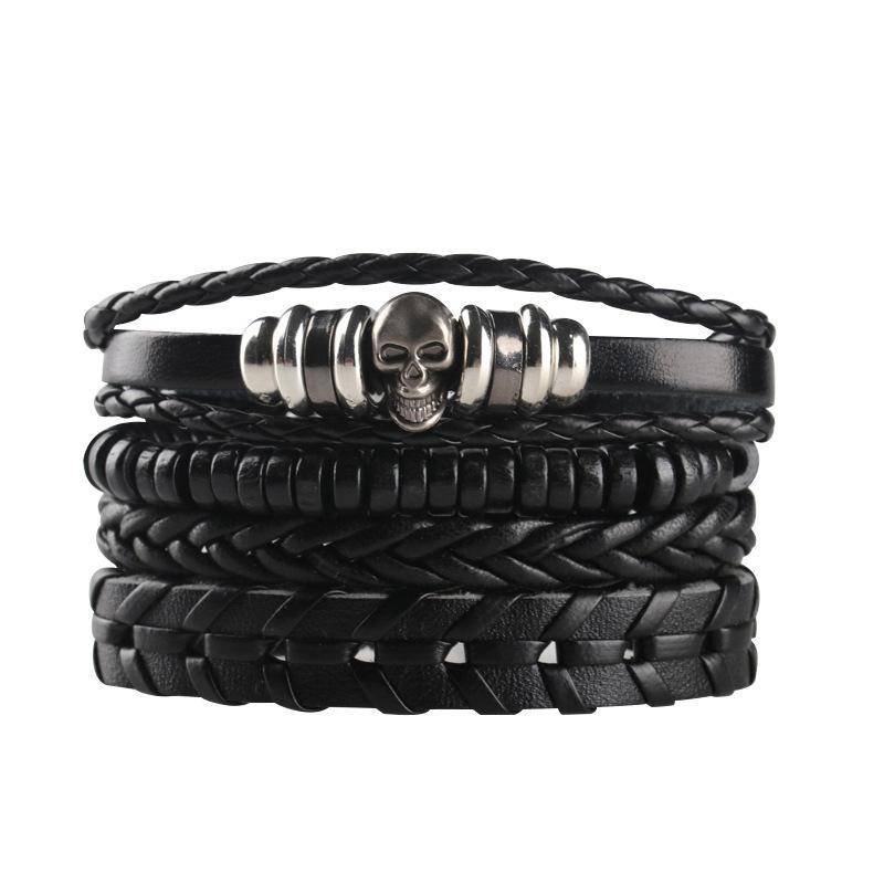 Hip Hop Herren Lederarmband Goth Punk Totenkopf Perlenschmuck Schwarze Kombination Handgewebt Straßenschmuck Accessoires Leather Bracelet Set von Joom DACH