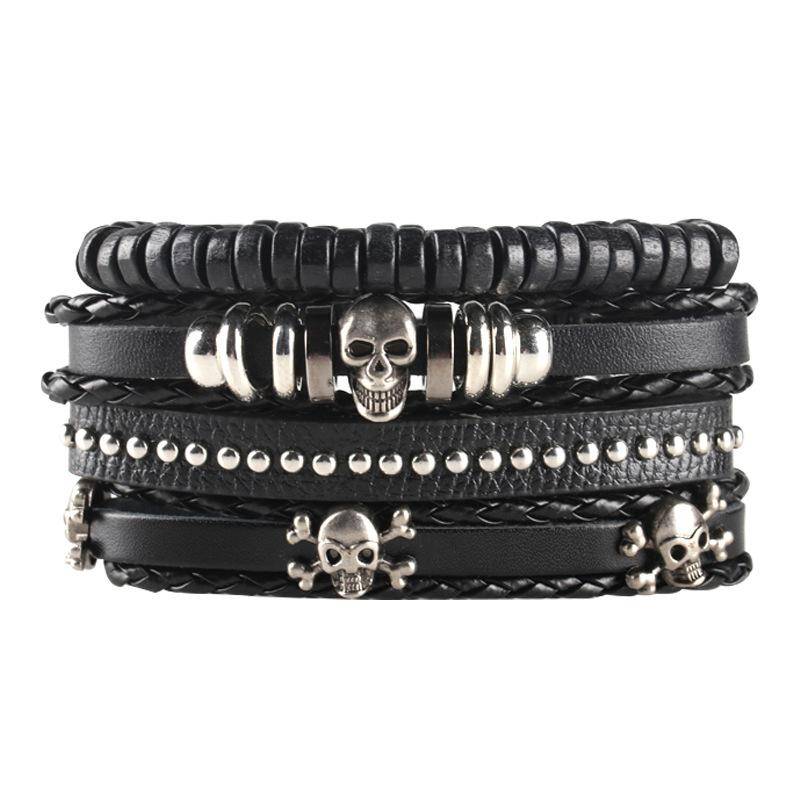 Hip Hop Herren Lederarmband Goth Punk Totenkopf Perlenschmuck Schwarze Kombination Handgewebt Straßenschmuck Accessoires Leather Bracelet Set von Joom DACH