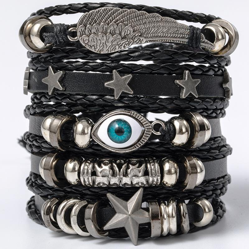Hip Hop Herren Lederarmband Goth Punk Totenkopf Perlenschmuck Schwarze Kombination Handgewebt Straßenschmuck Accessoires Leather Bracelet Set von Joom DACH