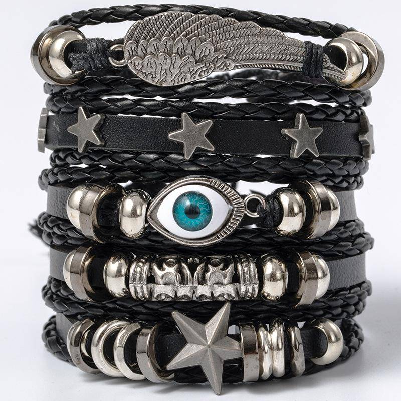 Hip Hop Herren Lederarmband Goth Punk Totenkopf Perlenschmuck Schwarze Kombination Handgewebt Straßenschmuck Accessoires Leather Bracelet Set von Joom DACH