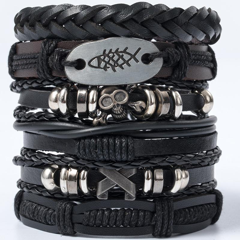 Hip Hop Herren Lederarmband Goth Punk Totenkopf Perlenschmuck Schwarze Kombination Handgewebt Straßenschmuck Accessoires Leather Bracelet Set von Joom DACH