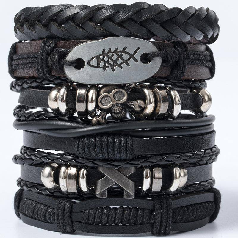 Hip Hop Herren Lederarmband Goth Punk Totenkopf Perlenschmuck Schwarze Kombination Handgewebt Straßenschmuck Accessoires Leather Bracelet Set von Joom DACH