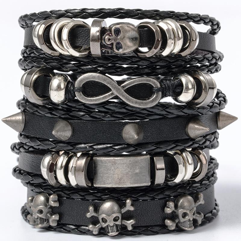 Hip Hop Herren Lederarmband Goth Punk Totenkopf Perlenschmuck Schwarze Kombination Handgewebt Straßenschmuck Accessoires Leather Bracelet Set von Joom DACH