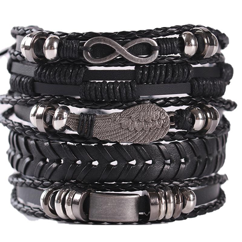 Hip Hop Herren Lederarmband Goth Punk Totenkopf Perlenschmuck Schwarze Kombination Handgewebt Straßenschmuck Accessoires Leather Bracelet Set von Joom DACH