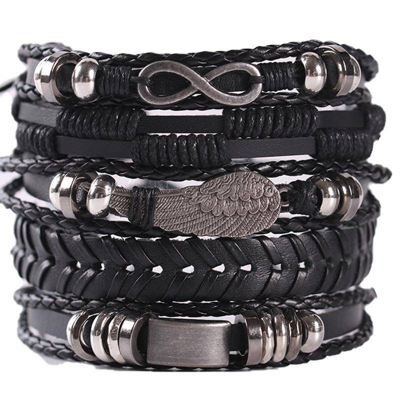 Hip Hop Herren Lederarmband Goth Punk Totenkopf Perlenschmuck Schwarze Kombination Handgewebt Straßenschmuck Accessoires Leather Bracelet Set von Joom DACH