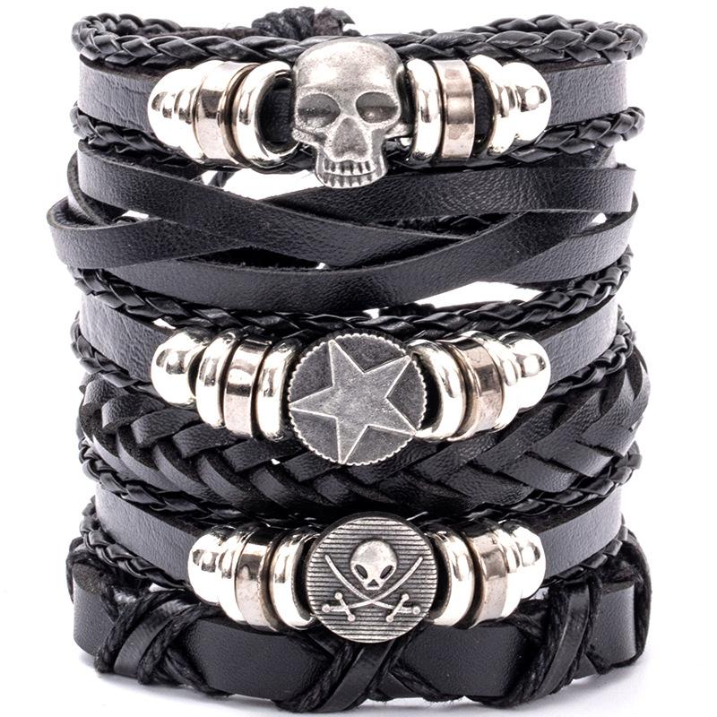 Hip Hop Herren Lederarmband Goth Punk Totenkopf Perlenschmuck Schwarze Kombination Handgewebt Straßenschmuck Accessoires Leather Bracelet Set von Joom DACH