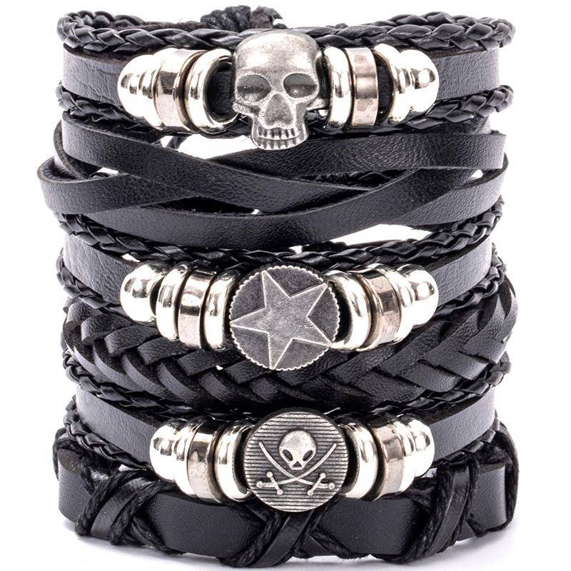 Hip Hop Herren Lederarmband Goth Punk Totenkopf Perlenschmuck Schwarze Kombination Handgewebt Straßenschmuck Accessoires Leather Bracelet Set von Joom DACH