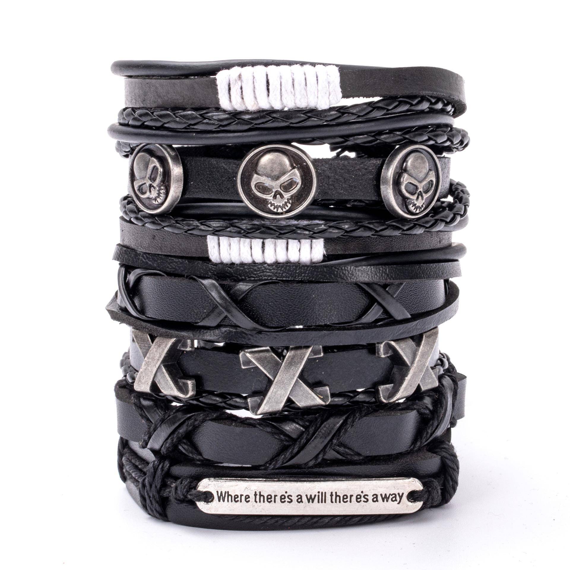 Hip Hop Herren Lederarmband Goth Punk Totenkopf Perlenschmuck Schwarze Kombination Handgewebt Straßenschmuck Accessoires Leather Bracelet Set von Joom DACH